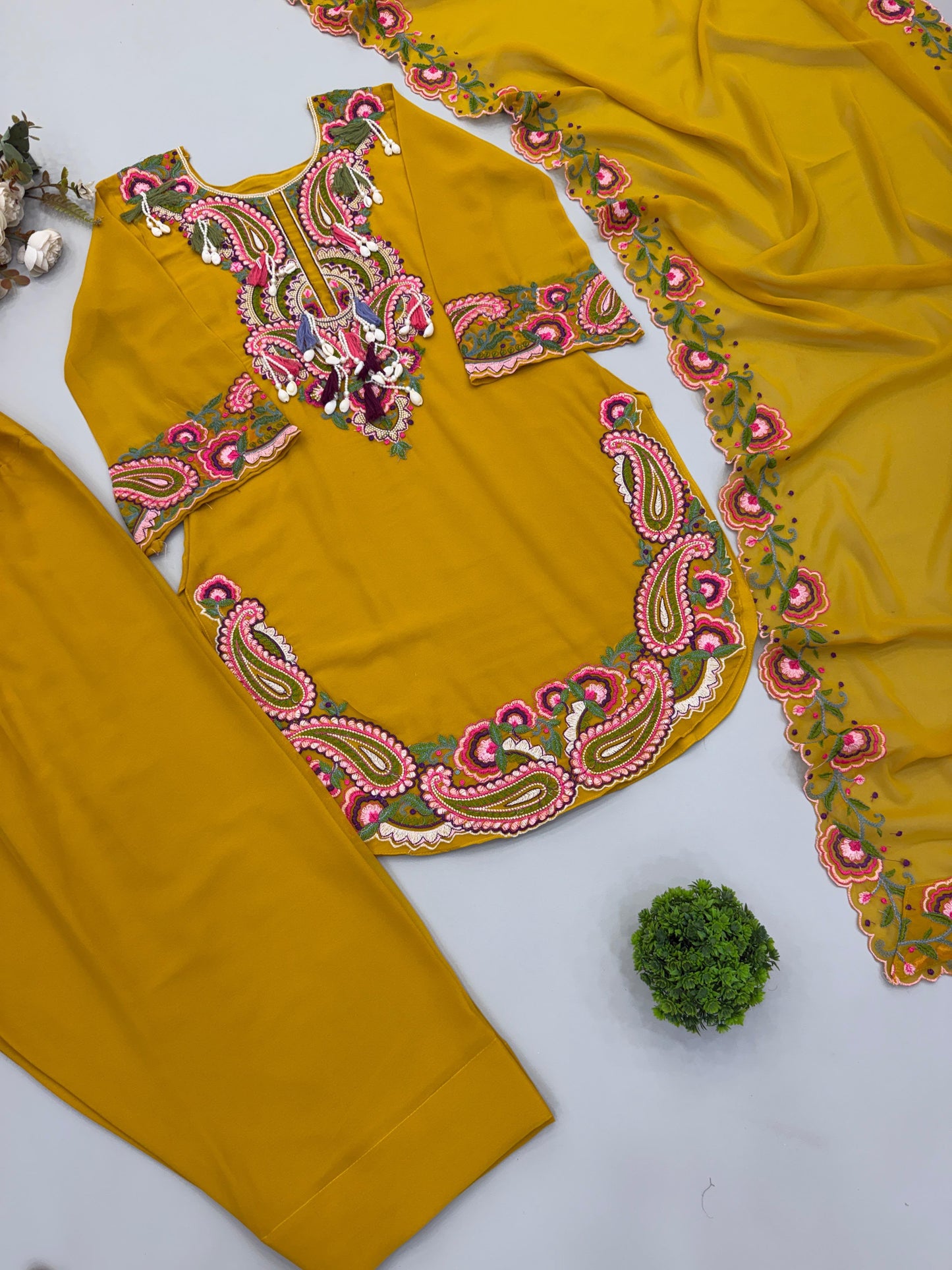 Mustard Yellow Paisley Embroidered Kurta Set with Dupatta-(5348)