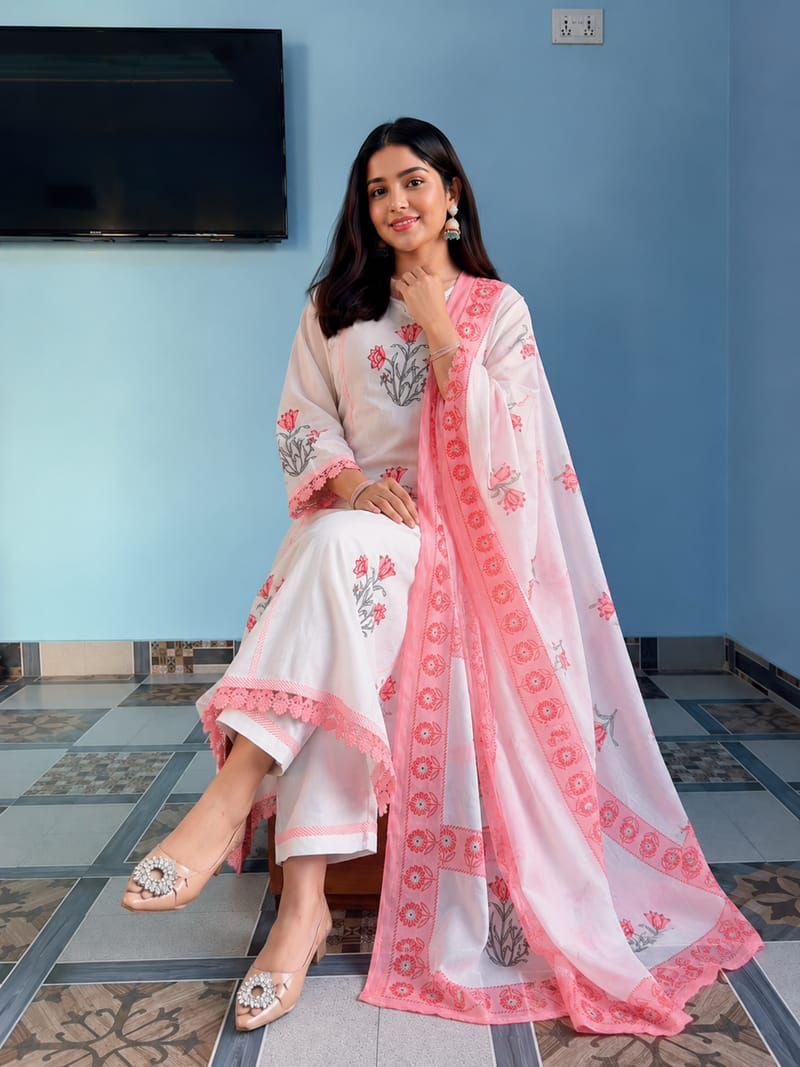 Summer Special Hand Block Print Cotton Ghera 3 piece Set (Balaji)