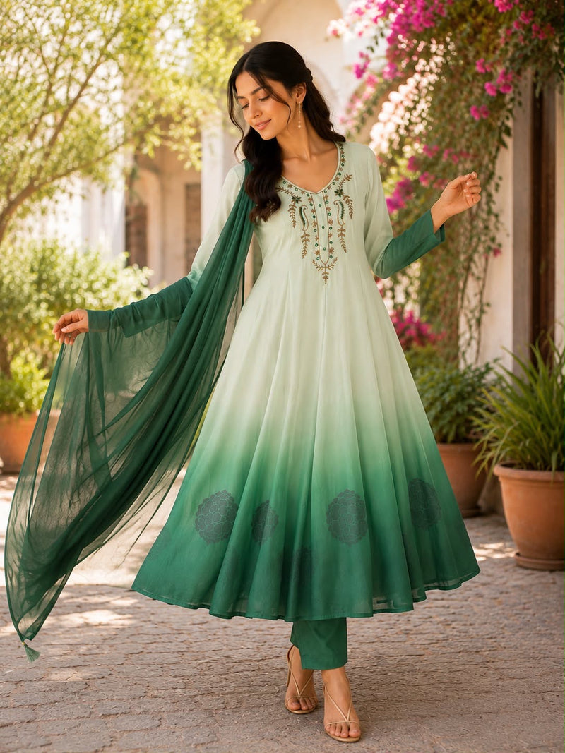 Ombre Green Flared Anarkali Set (MADHU)