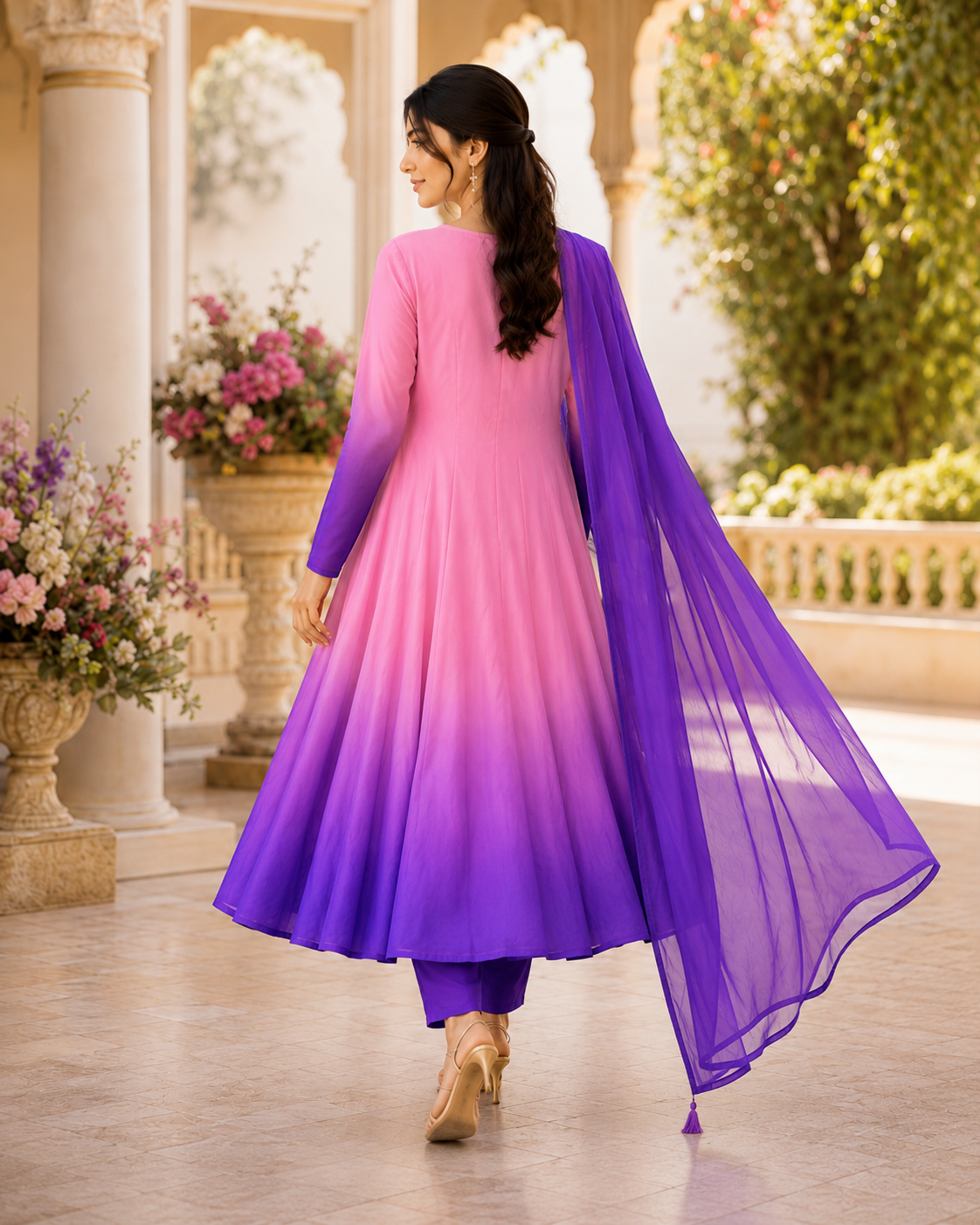 Ombre Pink to Purple Flared Anarkali Set -(MADHU)
