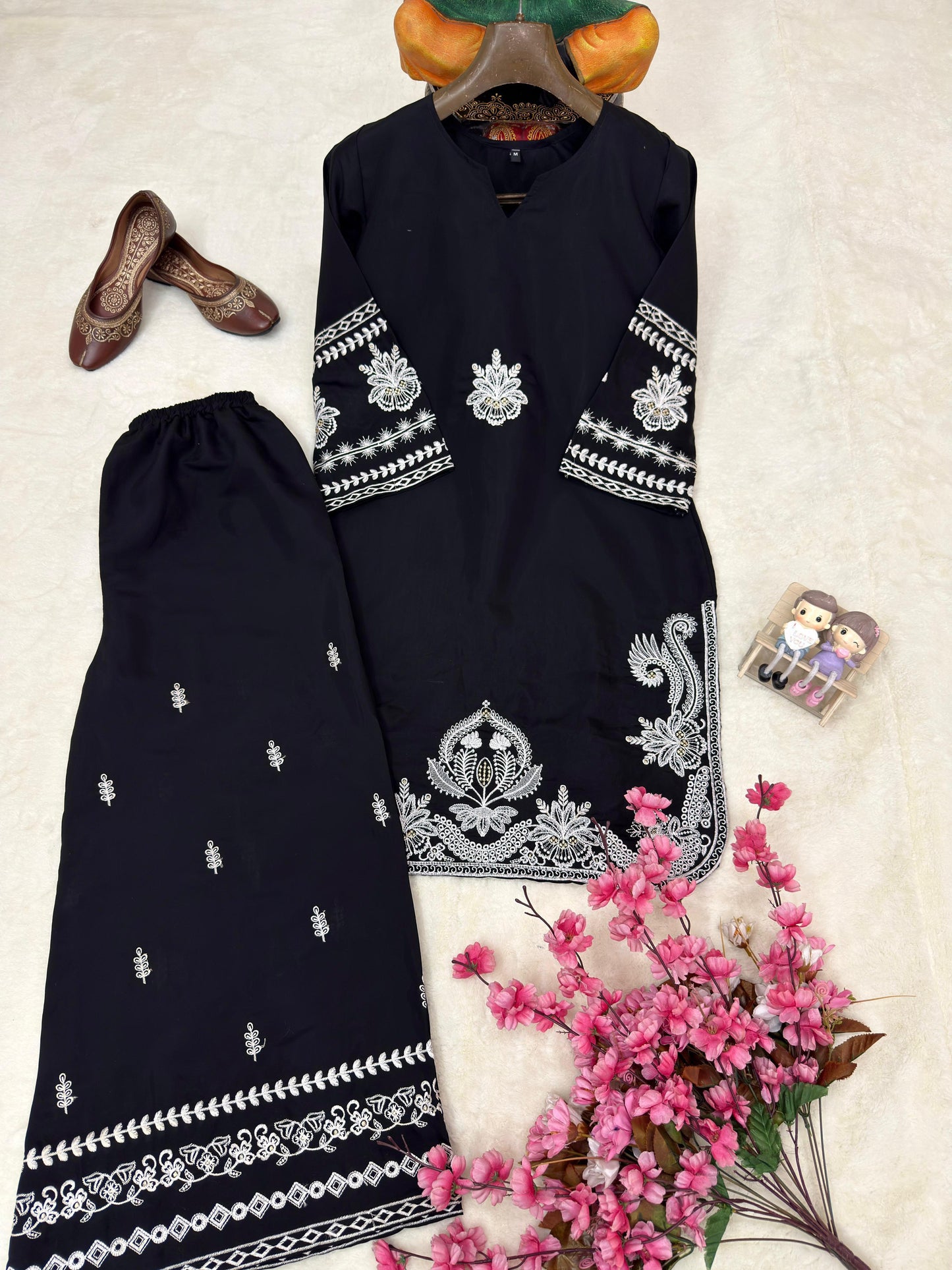 Zarina Black Embroidered Suit Set-(1475)