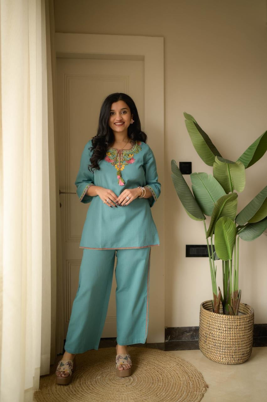 Aqua Bloom Cotton Embroidered Co-ord Set
