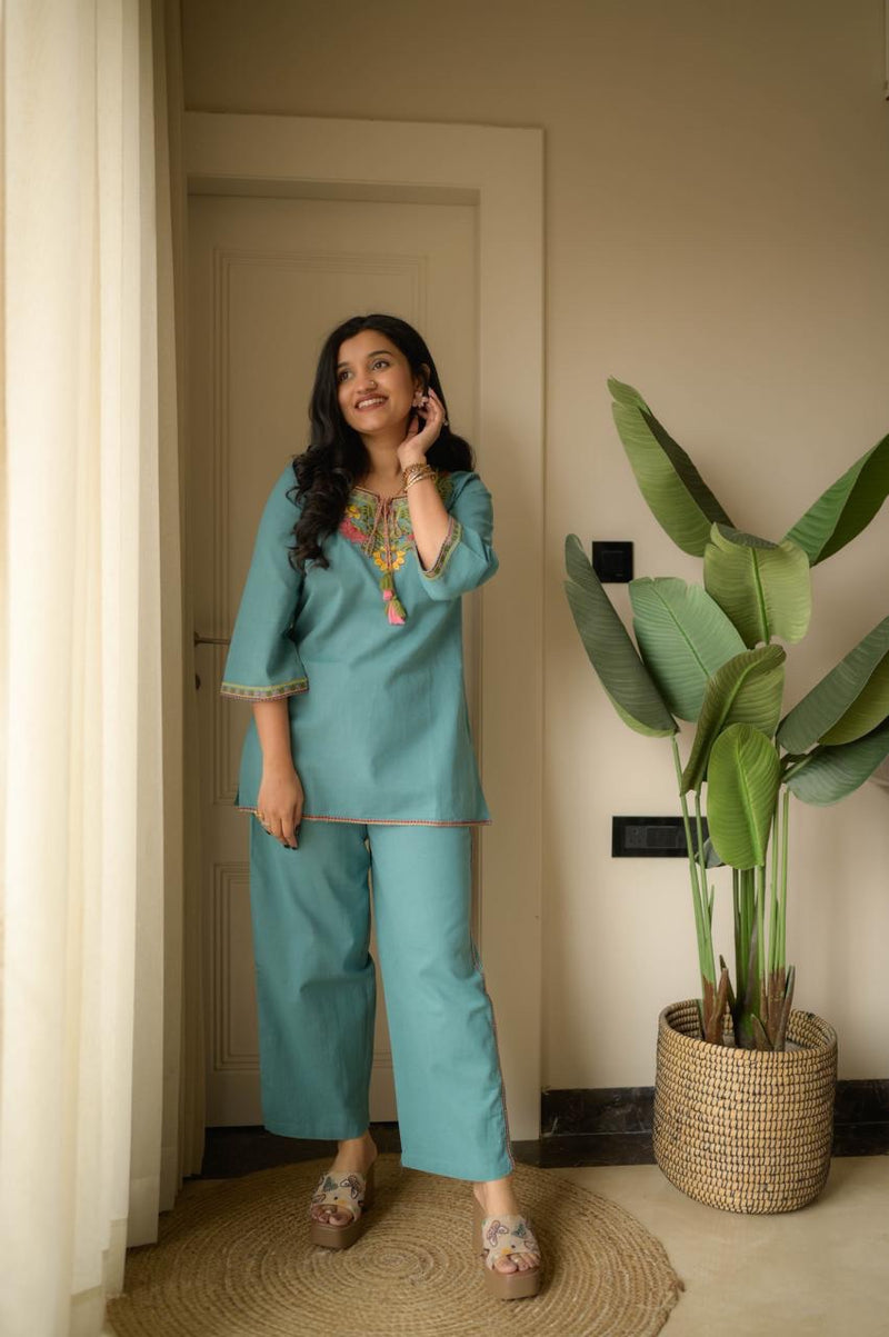Aqua Bloom Cotton Embroidered Co-ord Set