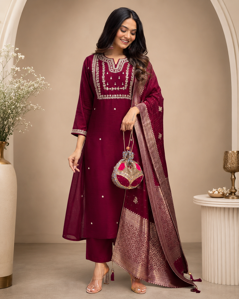 Wine Maroon Banarasi Dupatta Suit Set