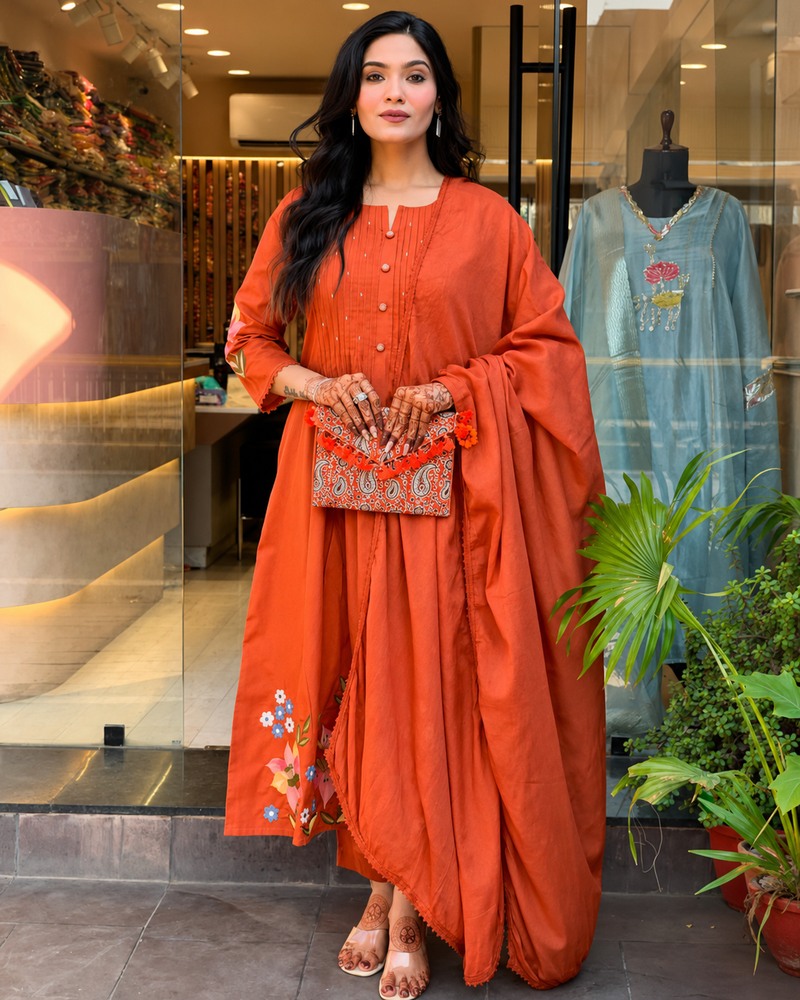 Elegant Rust Cotton Kurta Dupatta Set with Embroidery