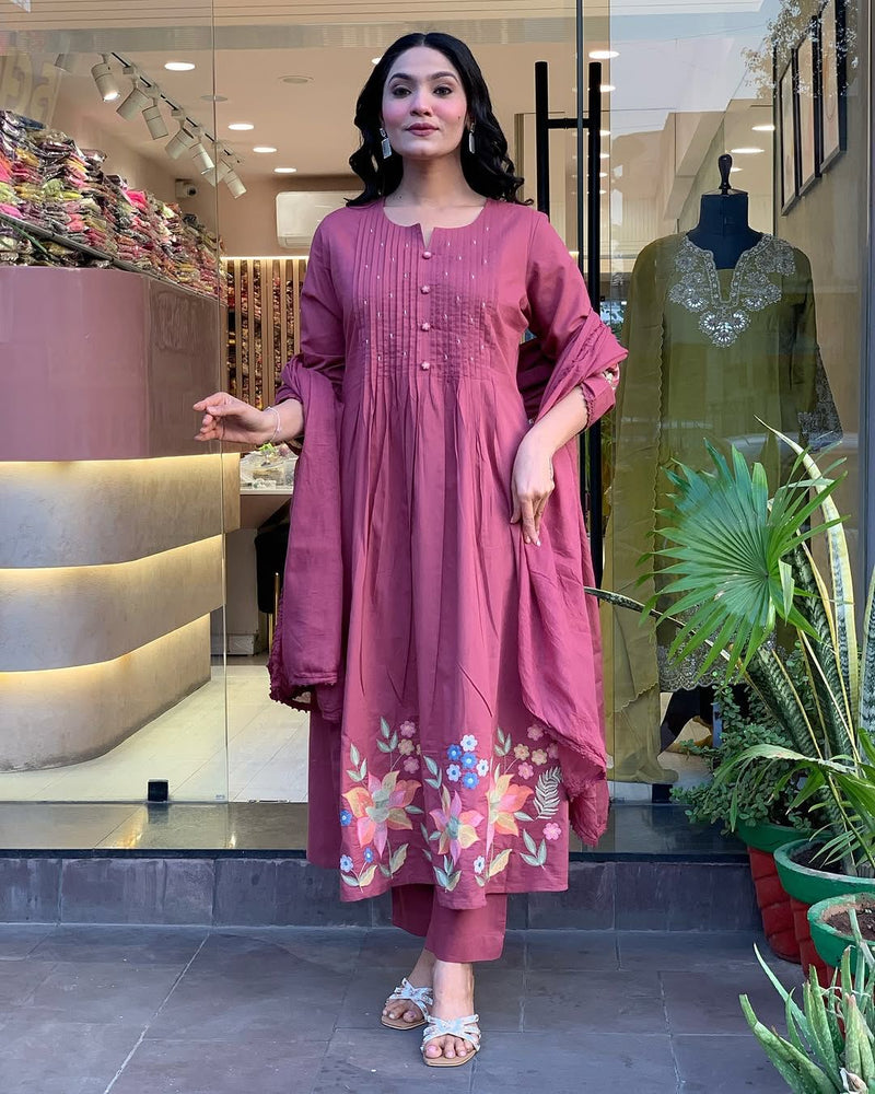Mauve Floral Embroidery Cotton kurta Set