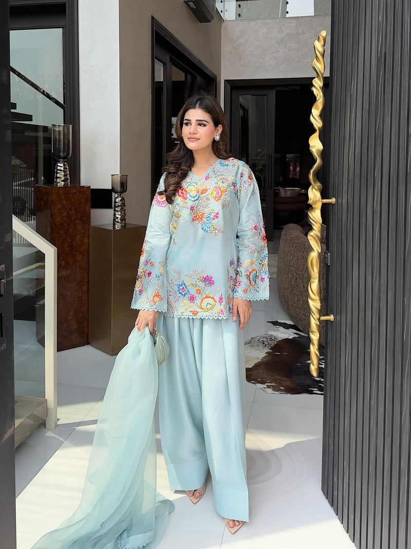 FARSI SALWAAR SUIT WITH DUPATTA & BEAUTIFUL EMBROIDERY (Light Blue)-(469)
