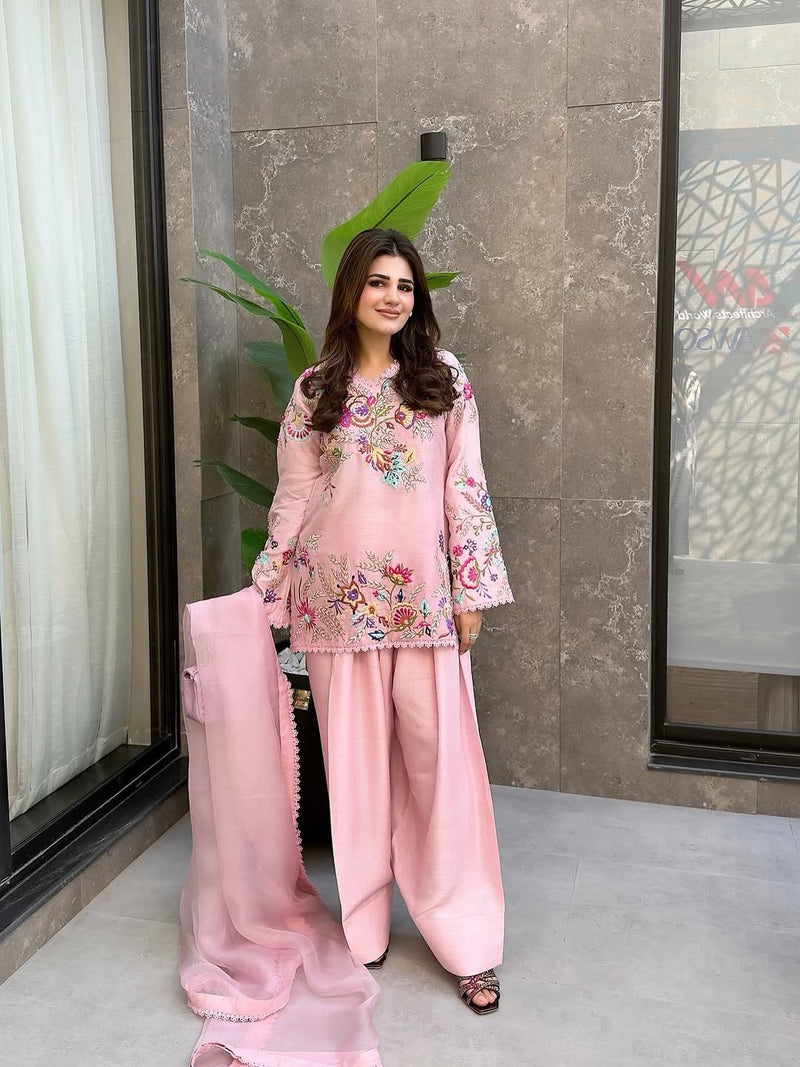 FARSI SALWAAR SUIT WITH DUPATTA & DESIGNER EMBROIDERY -Pink (469)
