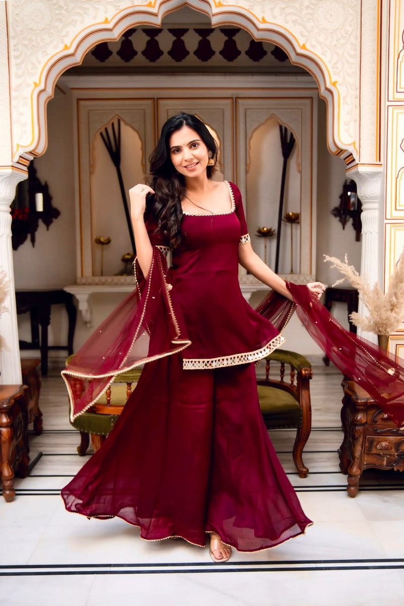 Maroon Mirror-Work Kurta Palazzo Set -(5250)