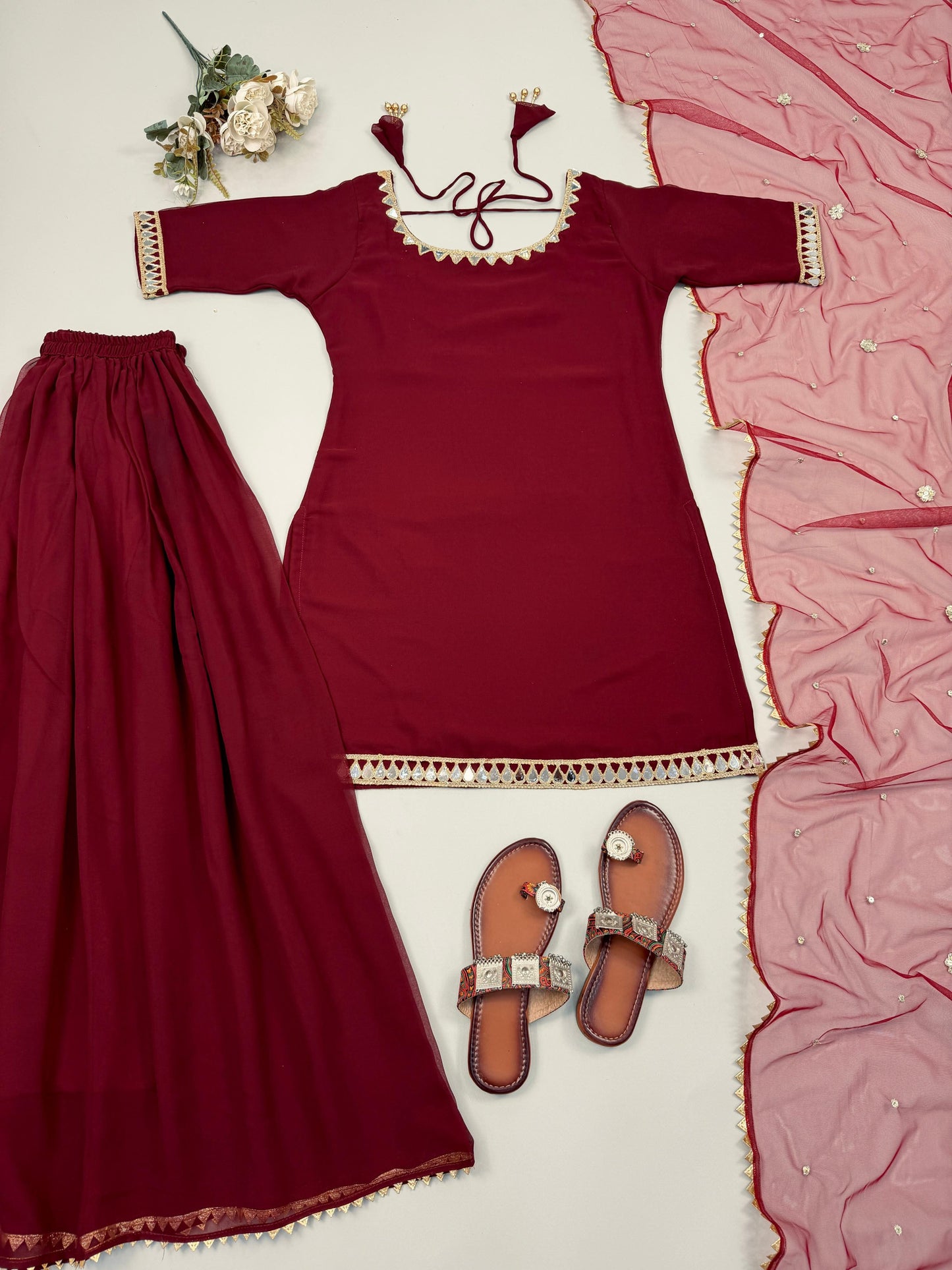 Maroon Mirror-Work Kurta Palazzo Set -(5250)