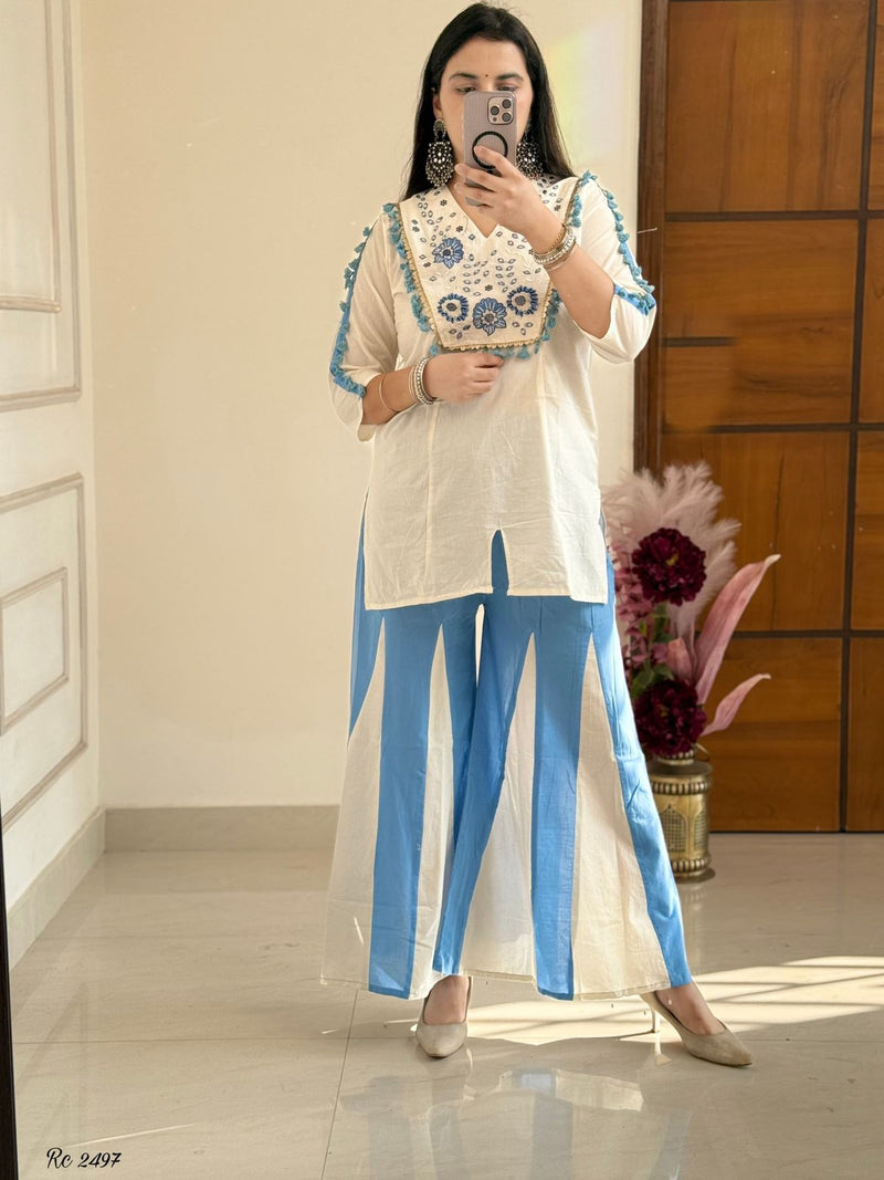 Ivory Blue Floral Embroidered Cotton Sharara Set