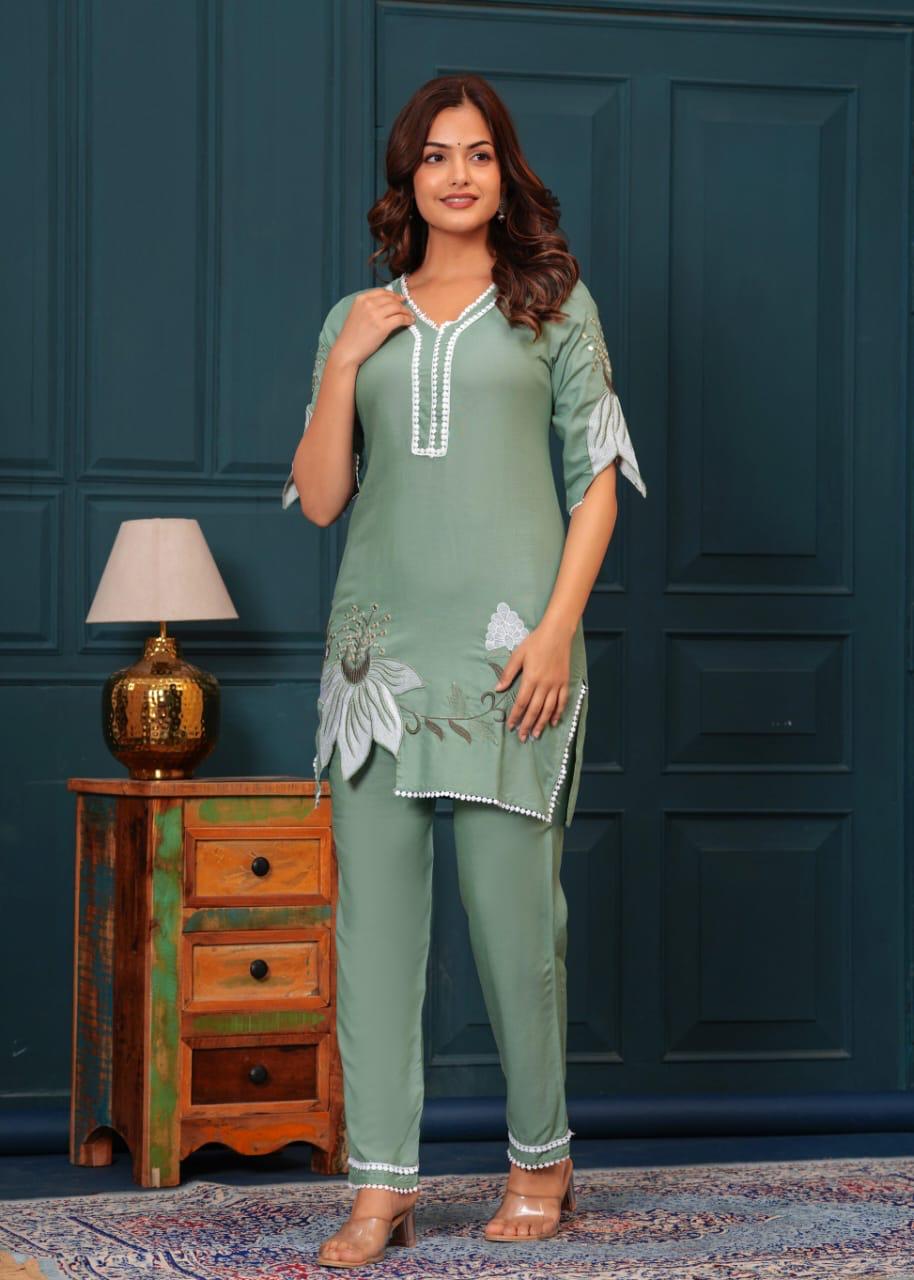 Sage Green Bloom Embroidered Cotton Co-ord Set