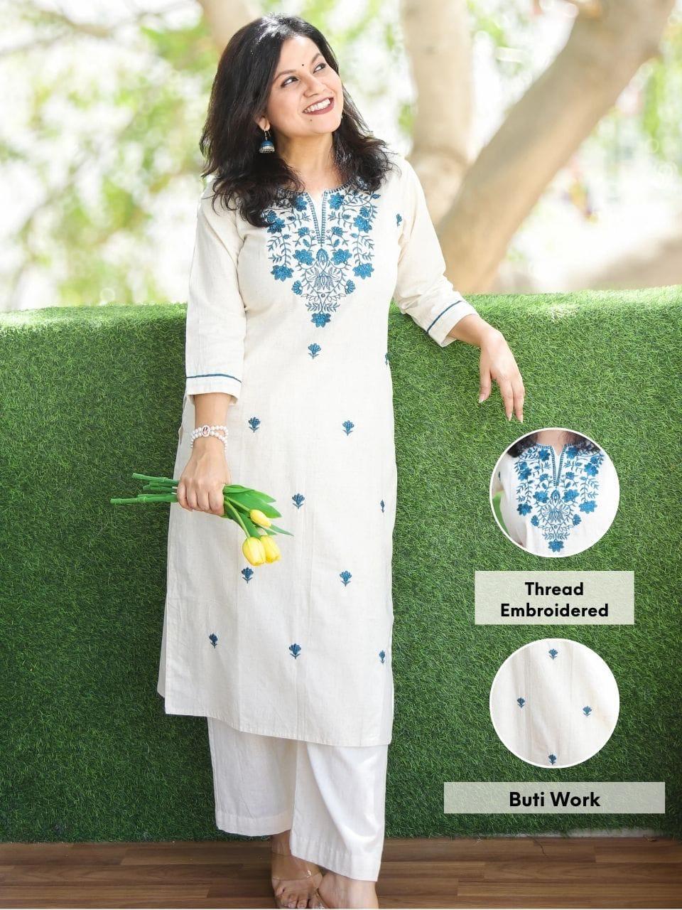 Ivory Neelkamal Cotton Embroidered Kurta Set