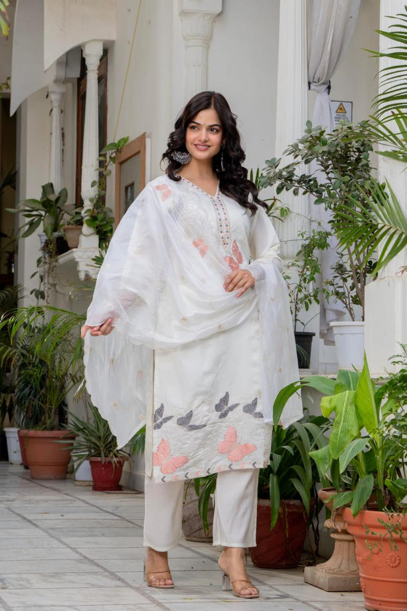 “Ivory Butterfly Embroidered Suit Set”