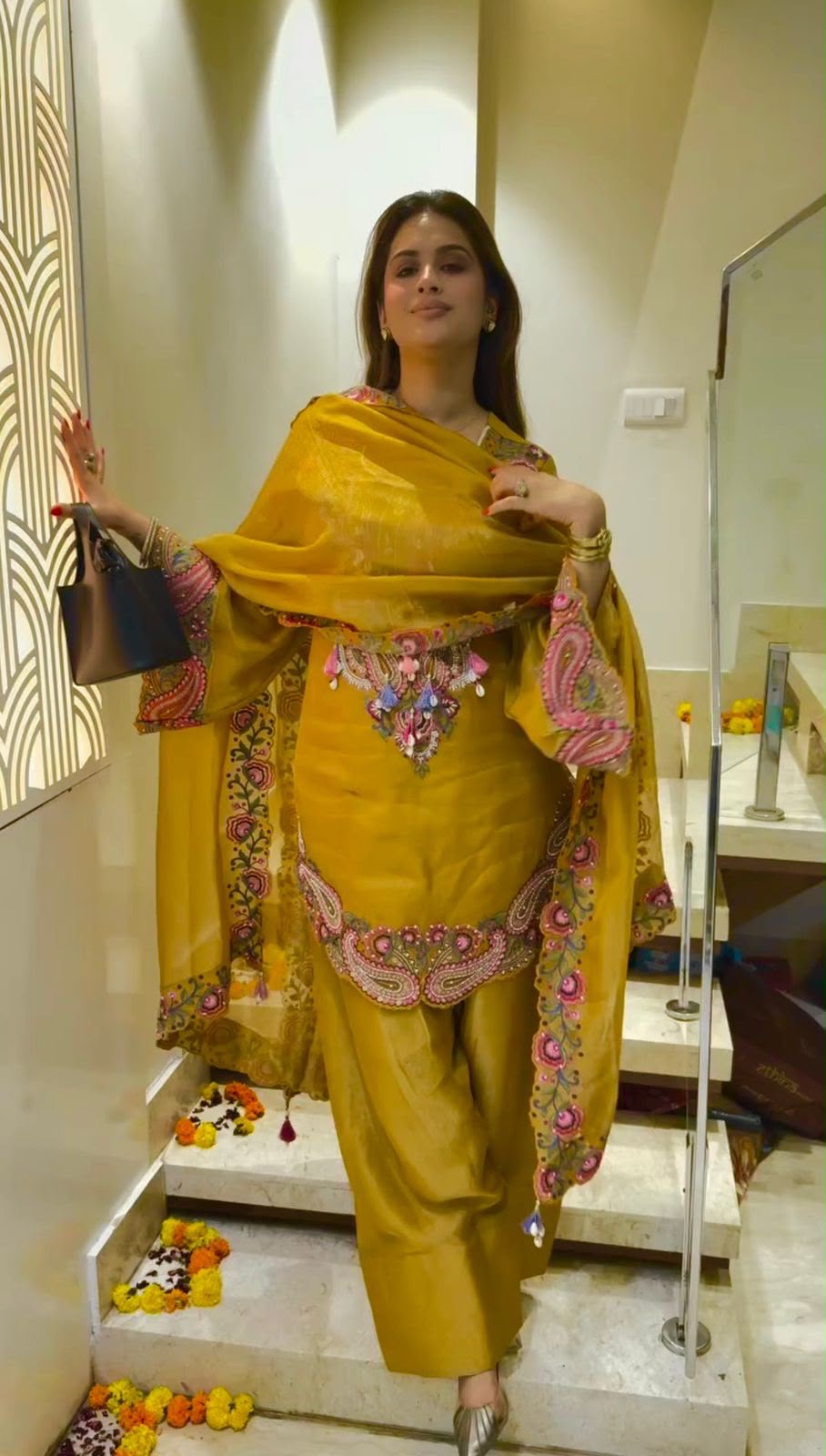 Mustard Yellow Paisley Embroidered Kurta Set with Dupatta-(5348)