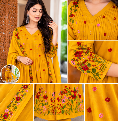 Ivory Floral Embroidered Anarkali Kurti Set with Dupatta(Yellow)