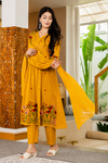 Ivory Floral Embroidered Anarkali Kurti Set with Dupatta(Yellow)