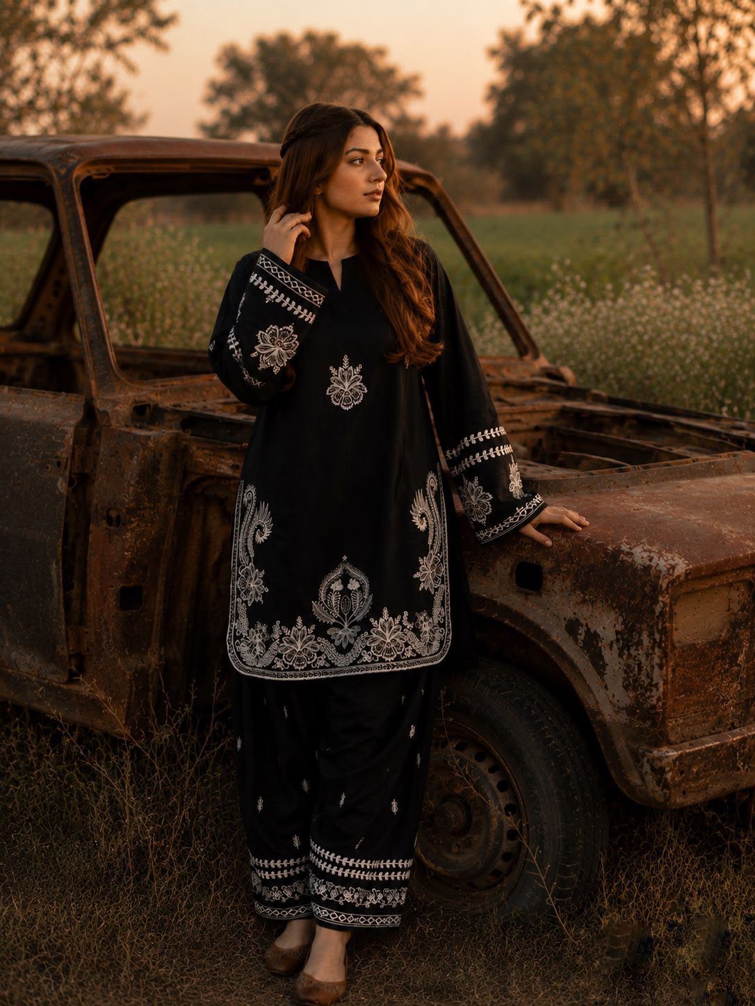 Zarina Black Embroidered Suit Set-(1475)