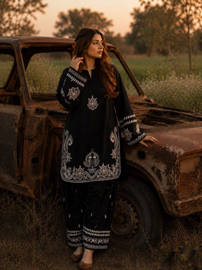 Zarina Black Embroidered Suit Set-(1475)