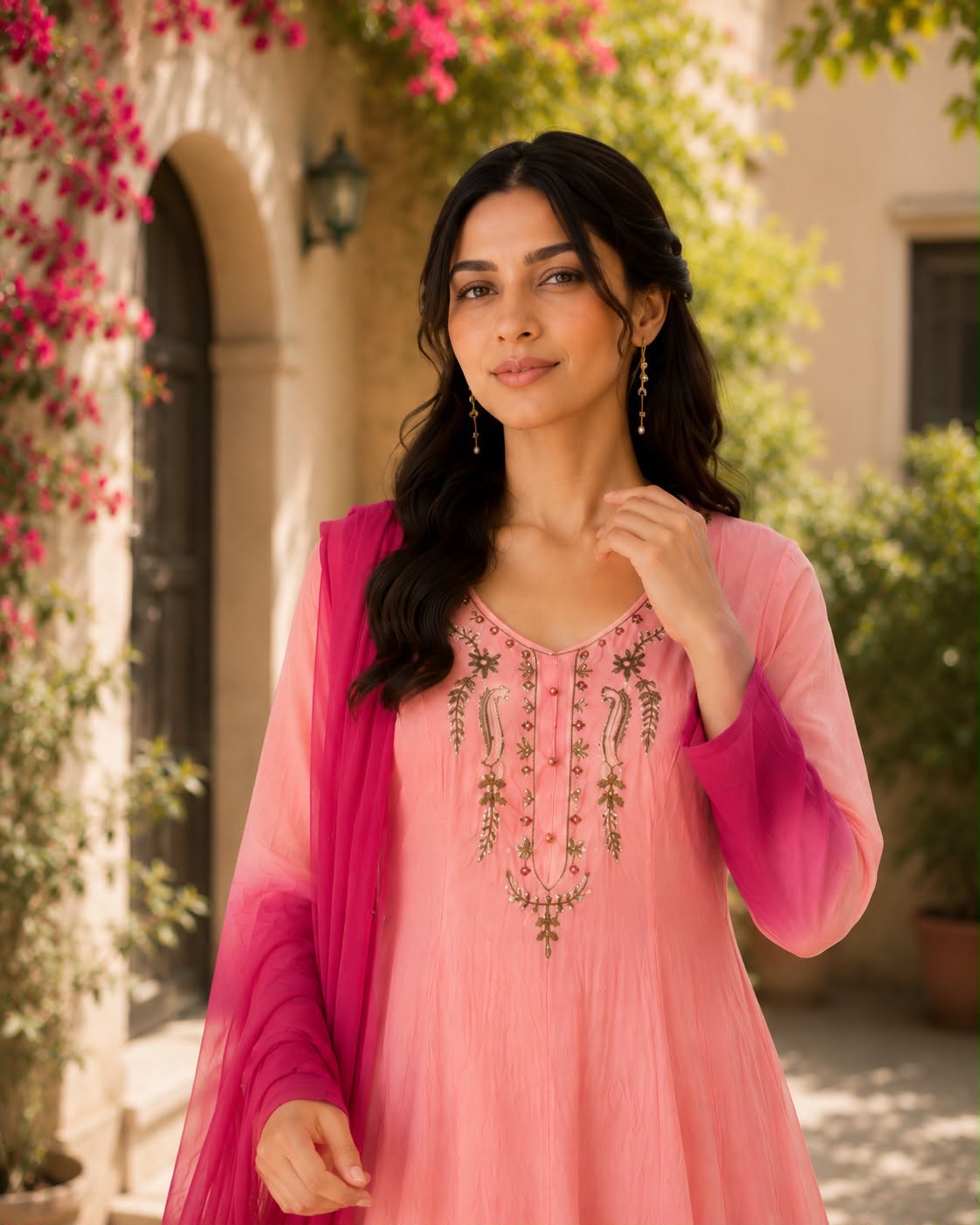 Ombre Orange Chiffon 3 piece Anarkali Set-(MADHU)