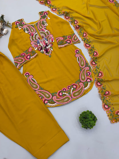 Mustard Yellow Paisley Embroidered Kurta Set with Dupatta-(5348)