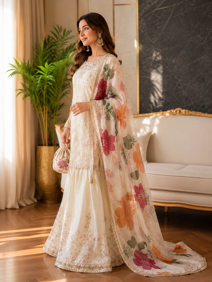 Ivory Flora Premium Sharara Set : (1215)