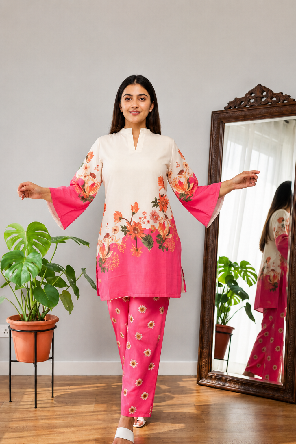 Pink Flora Imported Rayon Co-ord Set