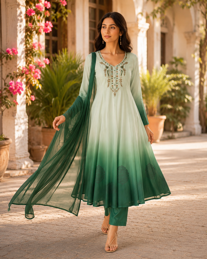 Ombre Green Flared Anarkali Set (MADHU)