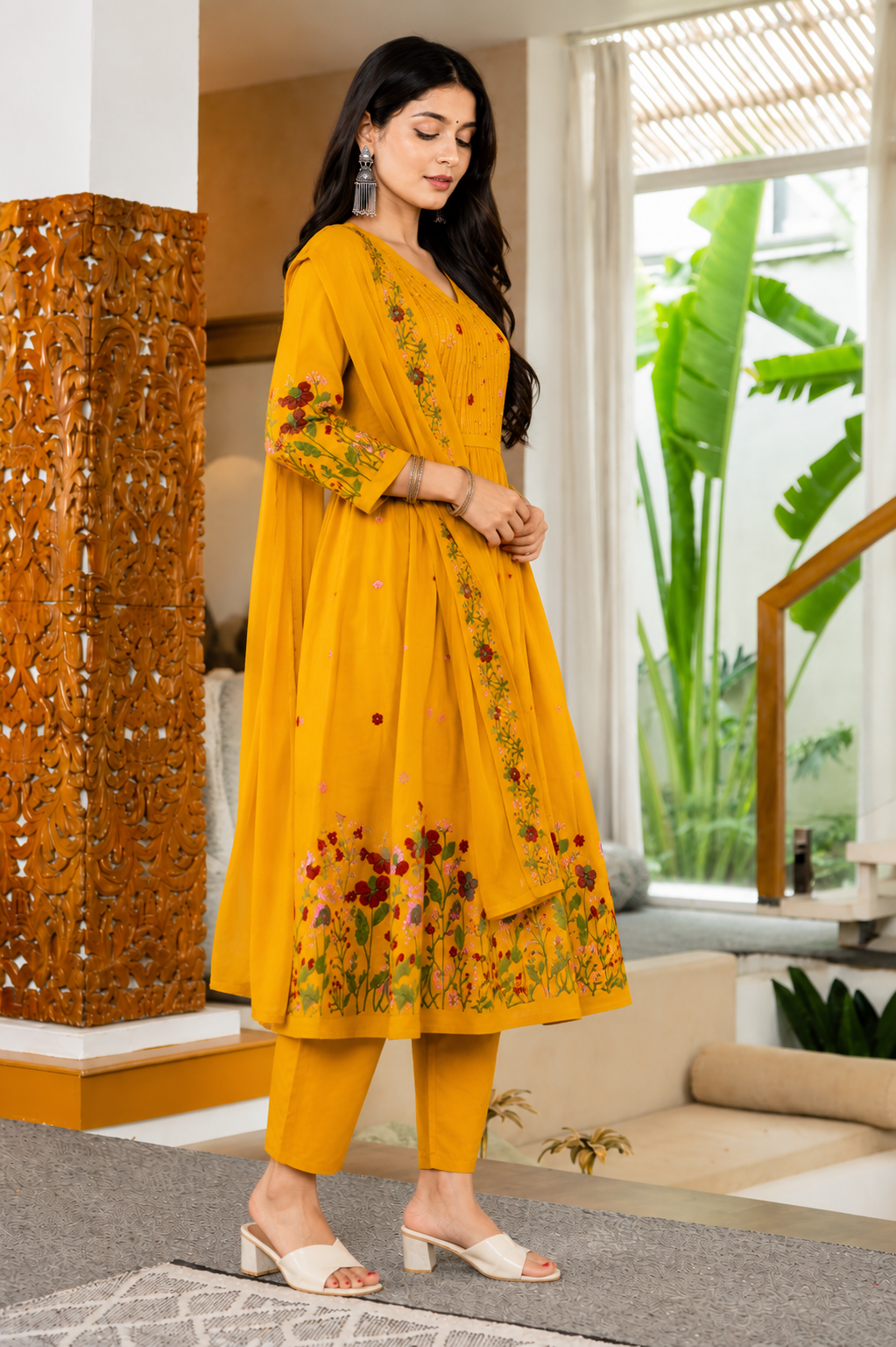 Ivory Floral Embroidered Anarkali Kurti Set with Dupatta(Yellow)