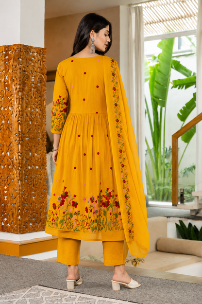 Ivory Floral Embroidered Anarkali Kurti Set with Dupatta(Yellow)