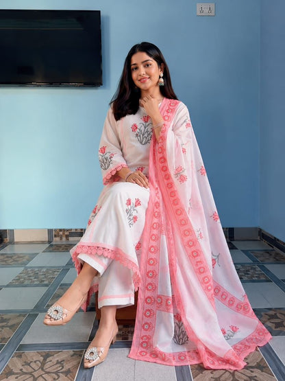 Summer Special Hand Block Print Cotton Ghera 3 piece Set (Balaji)