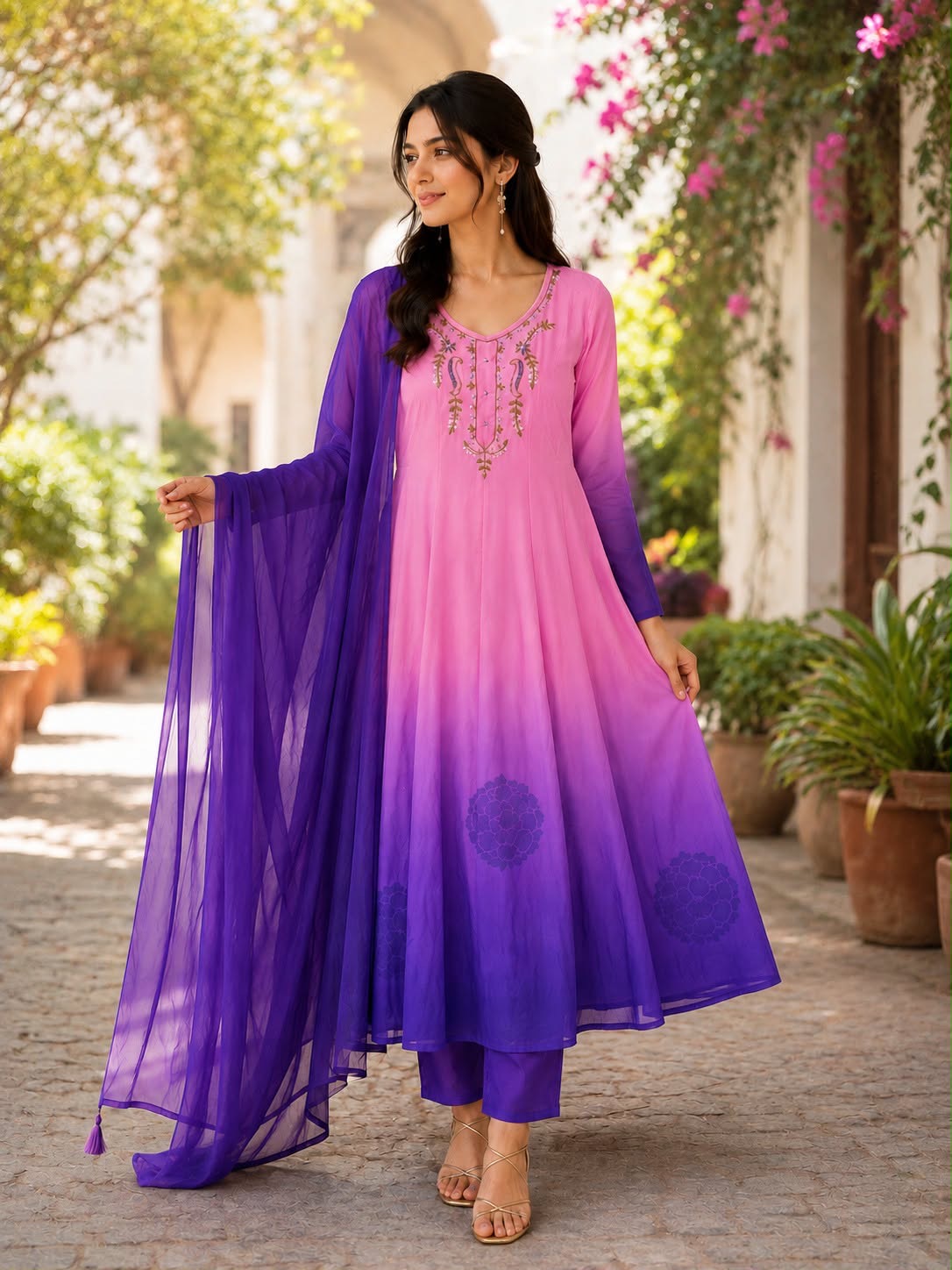 Ombre Pink to Purple Flared Anarkali Set -(MADHU)