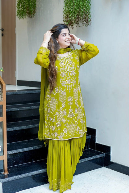 The Chartreuse Bloom Sharara Set (Green : JF-027)