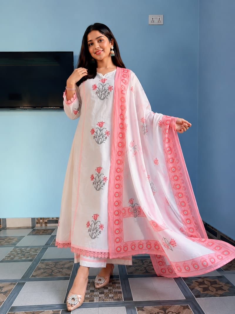 Summer Special Hand Block Print Cotton Ghera 3 piece Set (Balaji)