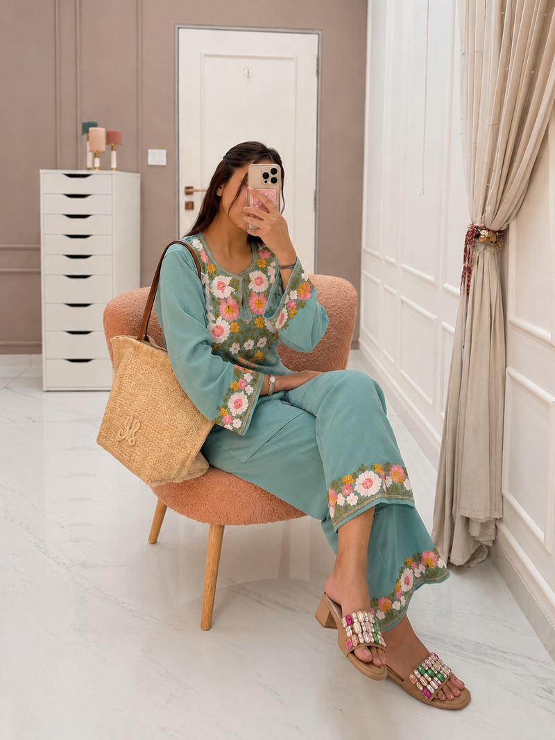 Sage Bloom Cotton Embroidered Co-ord Set