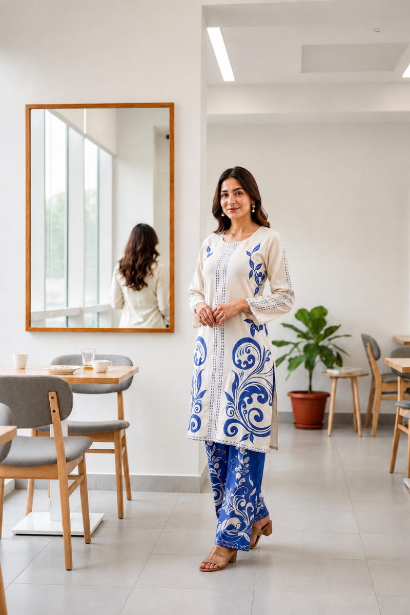 Blue Flora Imported Rayon Co-ord Set