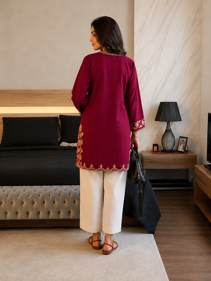 Wine Noor Cotton Embroidered Co-ord Set