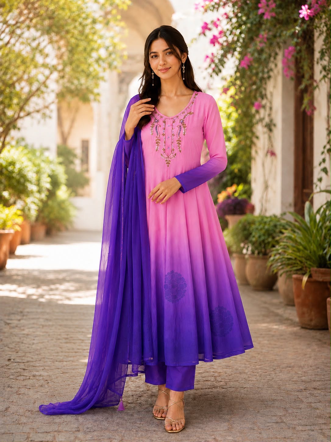 Ombre Pink to Purple Flared Anarkali Set -(MADHU)