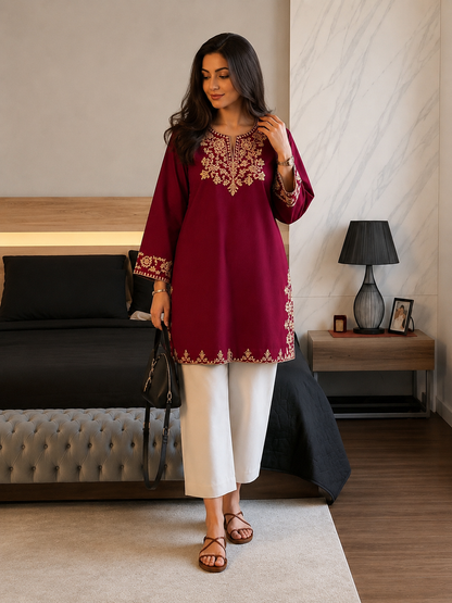 Wine Noor Cotton Embroidered Co-ord Set