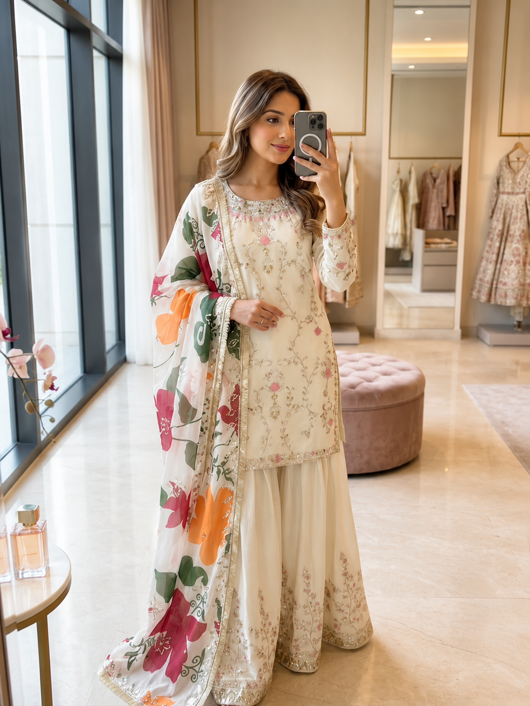 Ivory Flora Premium Sharara Set : (1215)