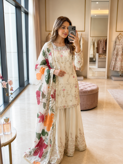 Ivory Flora Premium Sharara Set : (1215)