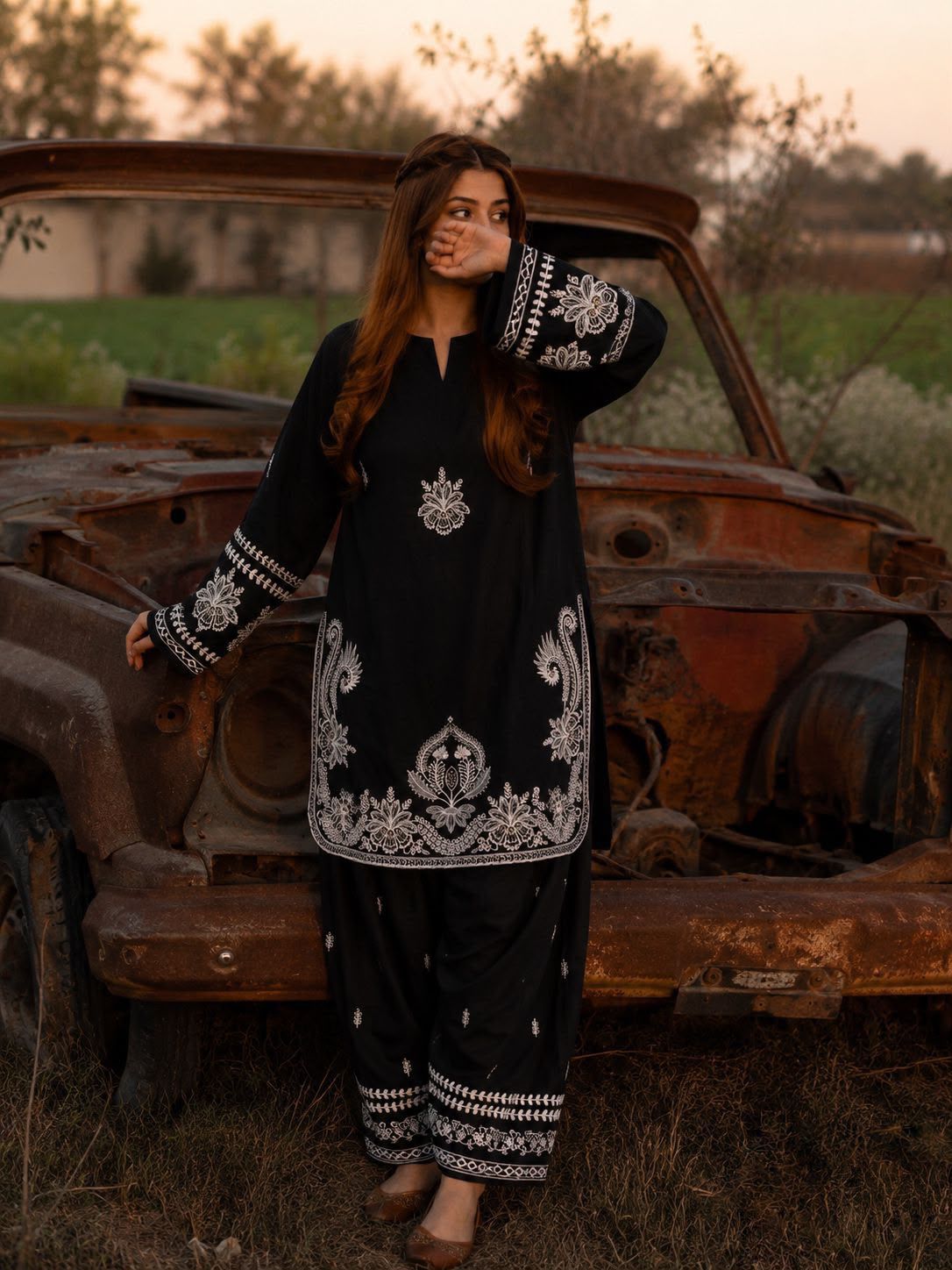 Zarina Black Embroidered Suit Set-(1475)