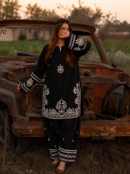 Zarina Black Embroidered Suit Set-(1475)