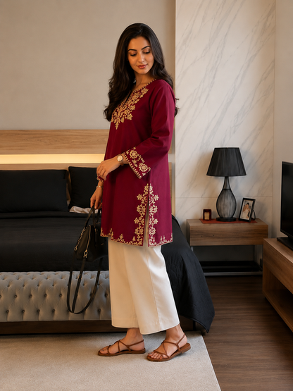 Wine Noor Cotton Embroidered Co-ord Set