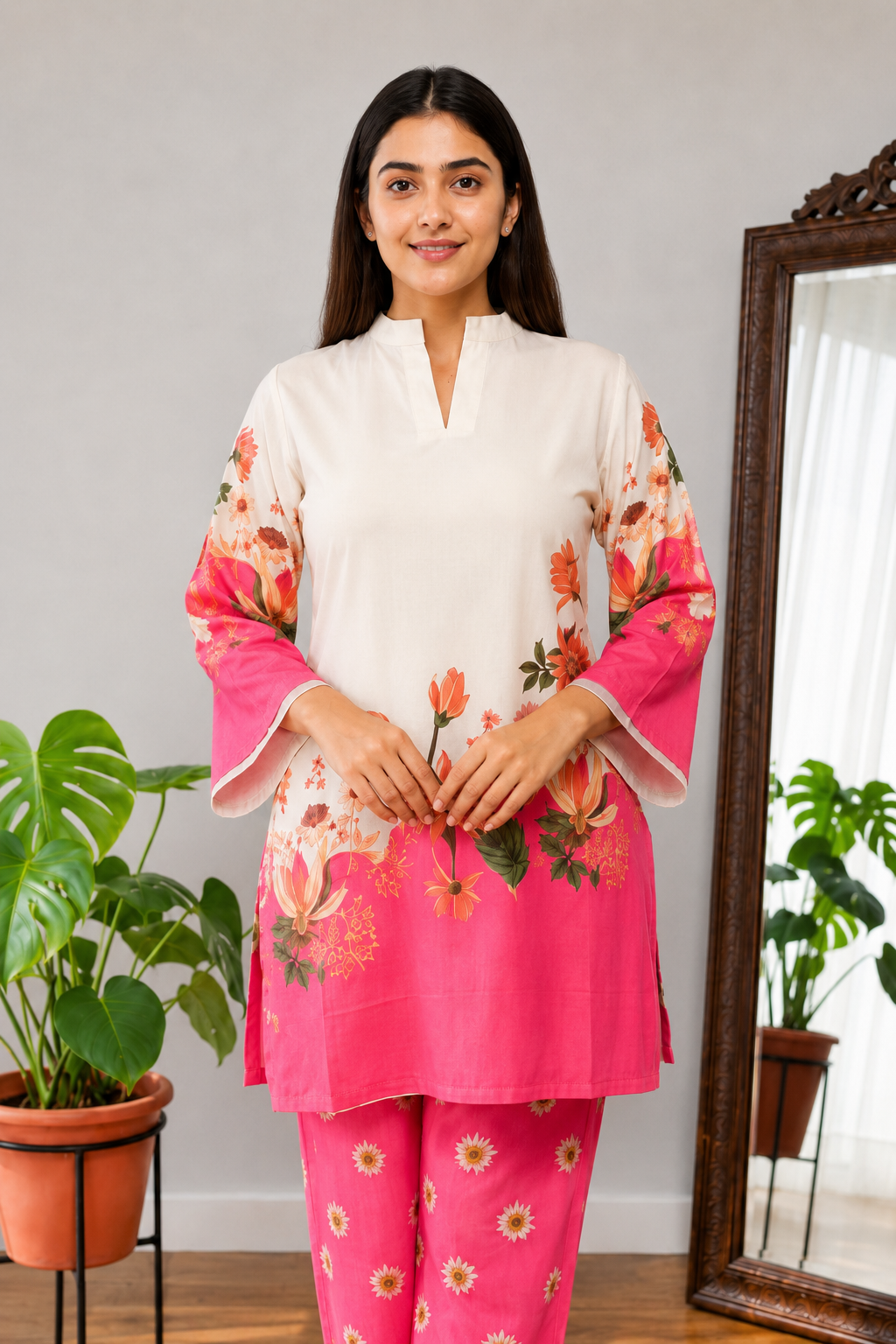 Pink Flora Imported Rayon Co-ord Set
