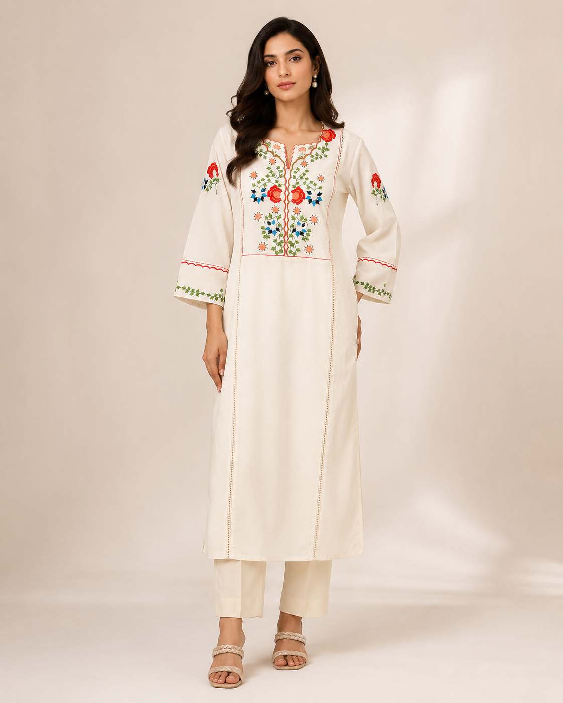 “Ivory Garden Floral Embroidered Kurta Set”
