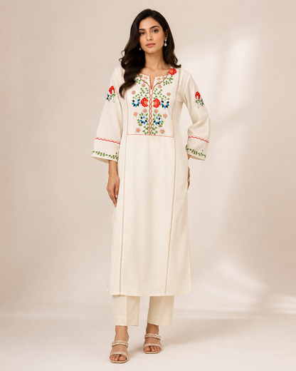 “Ivory Garden Floral Embroidered Kurta Set”