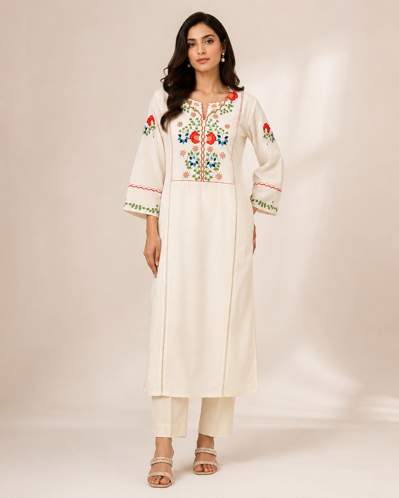 “Ivory Garden Floral Embroidered Kurta Set”