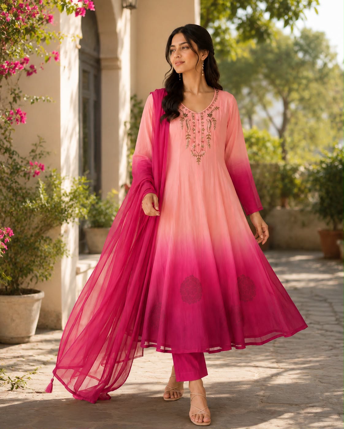 Ombre Orange Chiffon 3 piece Anarkali Set-(MADHU)