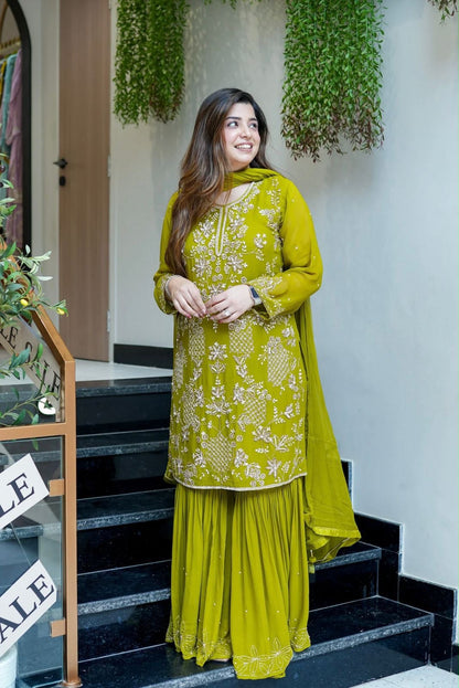 The Chartreuse Bloom Sharara Set (Green : JF-027)